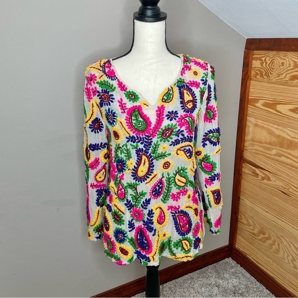 Sweet Sinammon Tops - Sweet Sinammon Multicolor Floral Paisley Yarn Embroidered Blouse Top Small